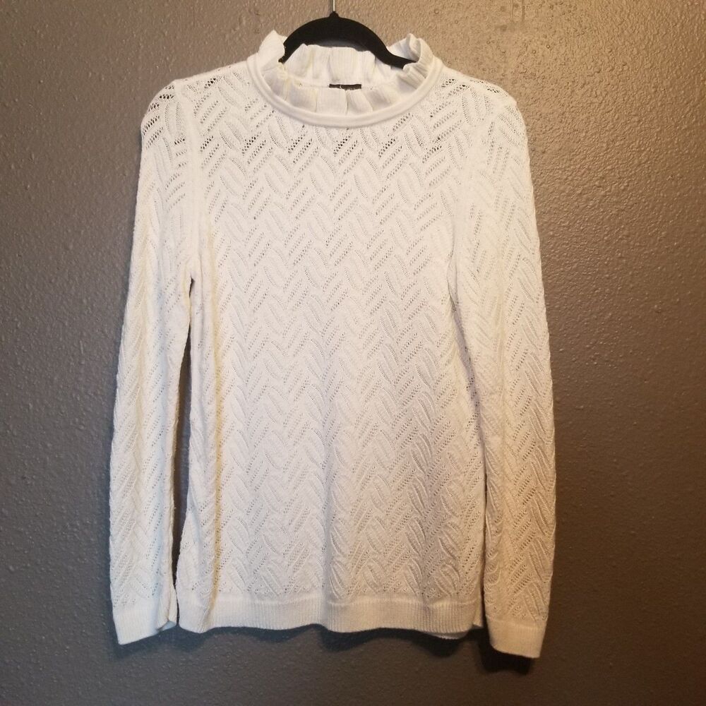Talbots M Sweater White Ruffle Neck Wool Blend Open Knit Preppy Office Feminine